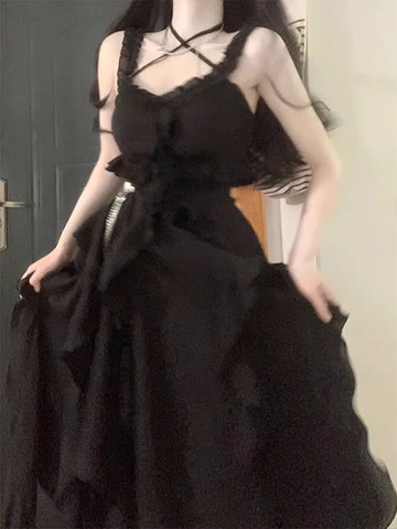 Niulatu High Low Straps Black Chiffon Ruffles Long Prom Dresses Birthday Outfits SD508